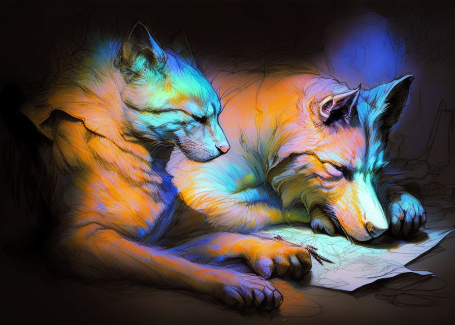 Stylized, luminous foxes in warm and cool hues sleeping with one on a sketchbook