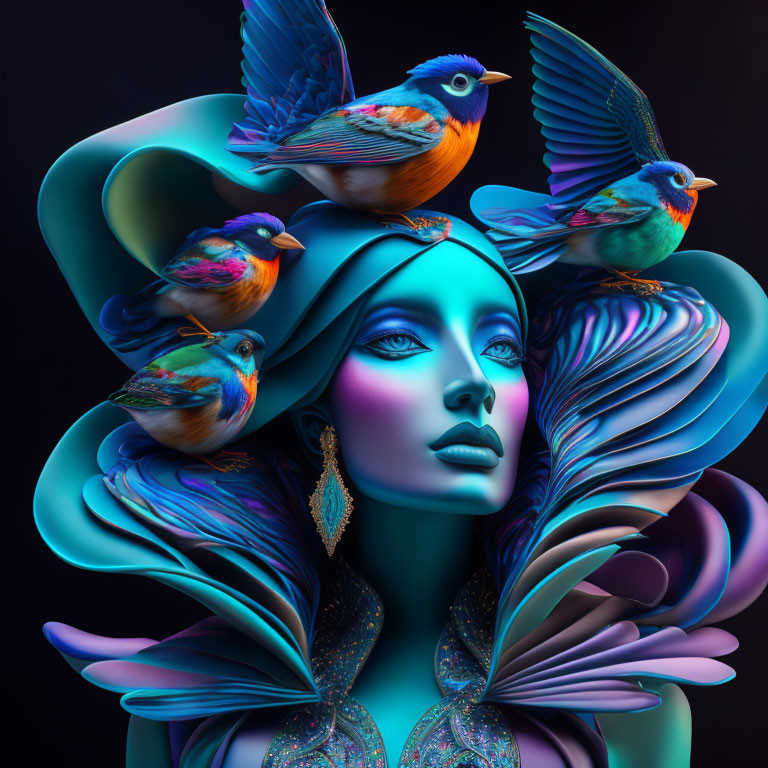 Vibrant blue skin woman with colorful birds in surreal digital art