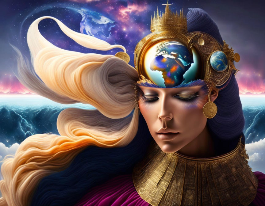 Surreal illustration of woman with globe headpiece in cosmic backdrop