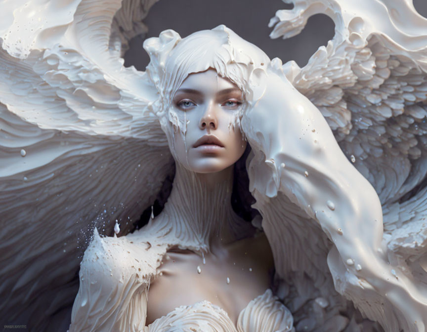 Surreal portrait of person with serene expression and intricate white fluid sculptures