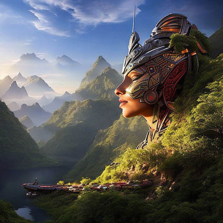 Digital artwork combining person's profile with tribal helmet & serene river landscape.