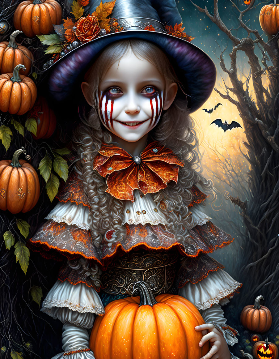 Young girl in witch costume with pumpkin, autumn leaves, jack-o'-lanterns, and bat