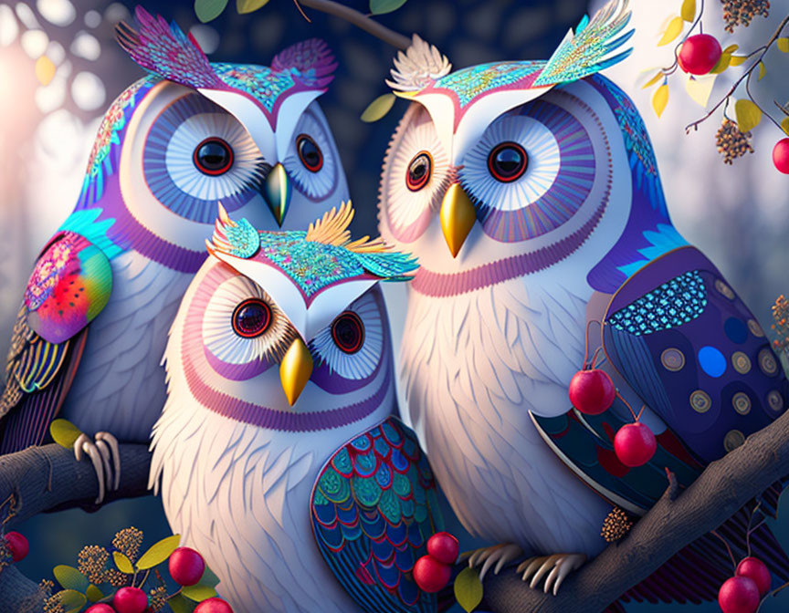 Colorful Stylized Owls Perched on Branch with Red Berries - Bokeh Background