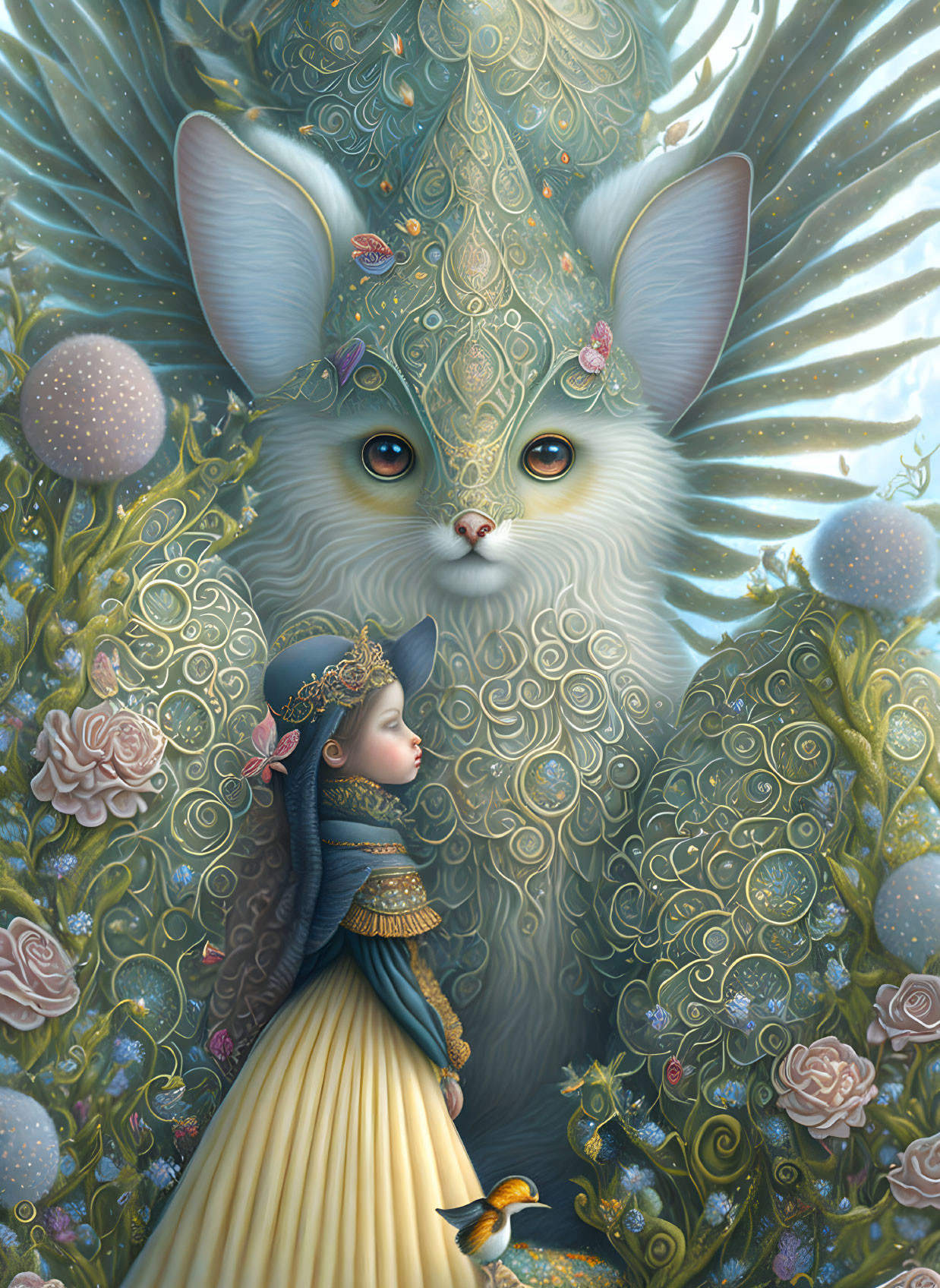 Regal figure meets ornate cat in mystical setting