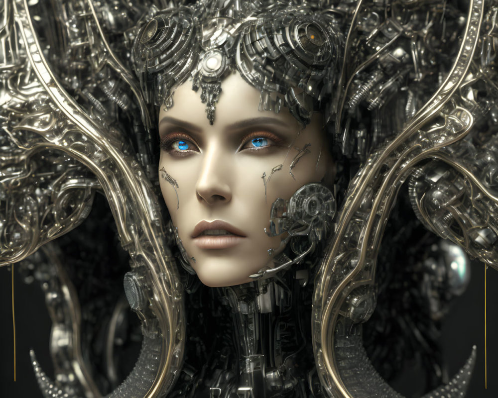 Detailed Female Robot with Silver Headgear and Blue Eyes on Dark Background