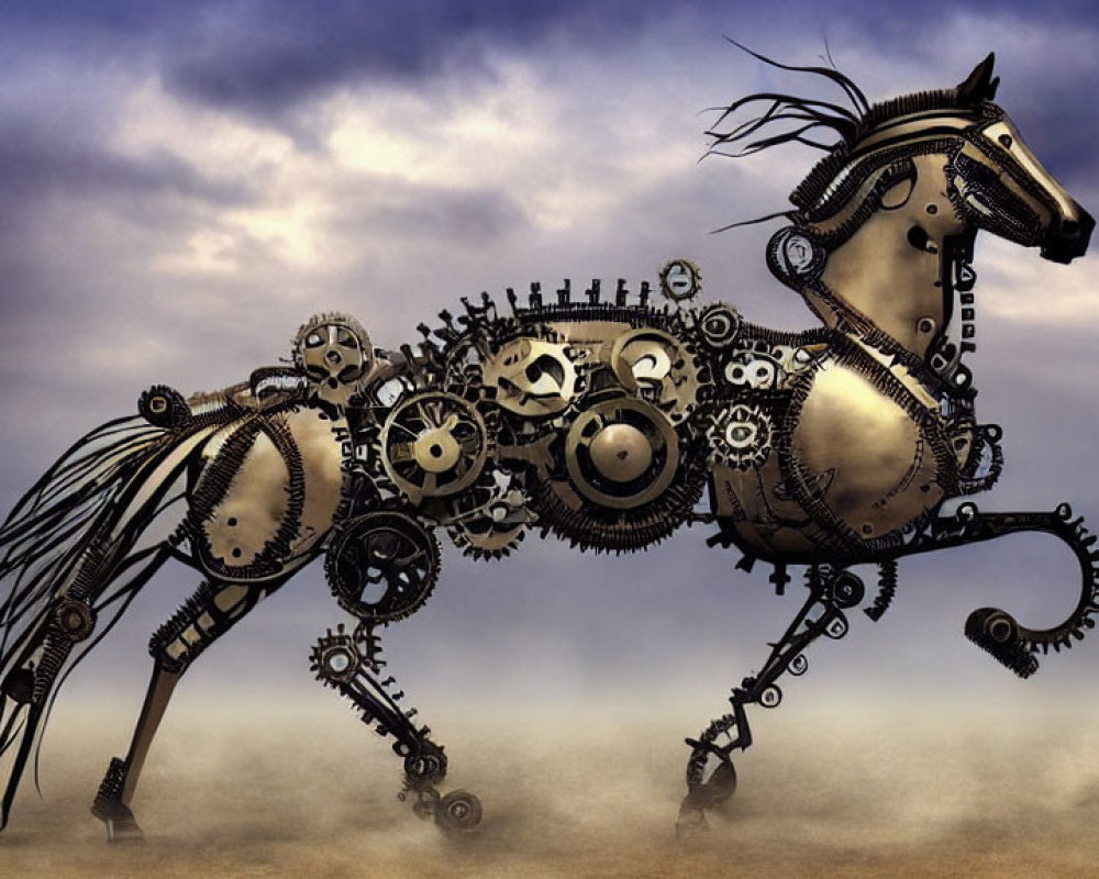 Mechanical Horse Sculpture in Steampunk Style on Cloudy Sky