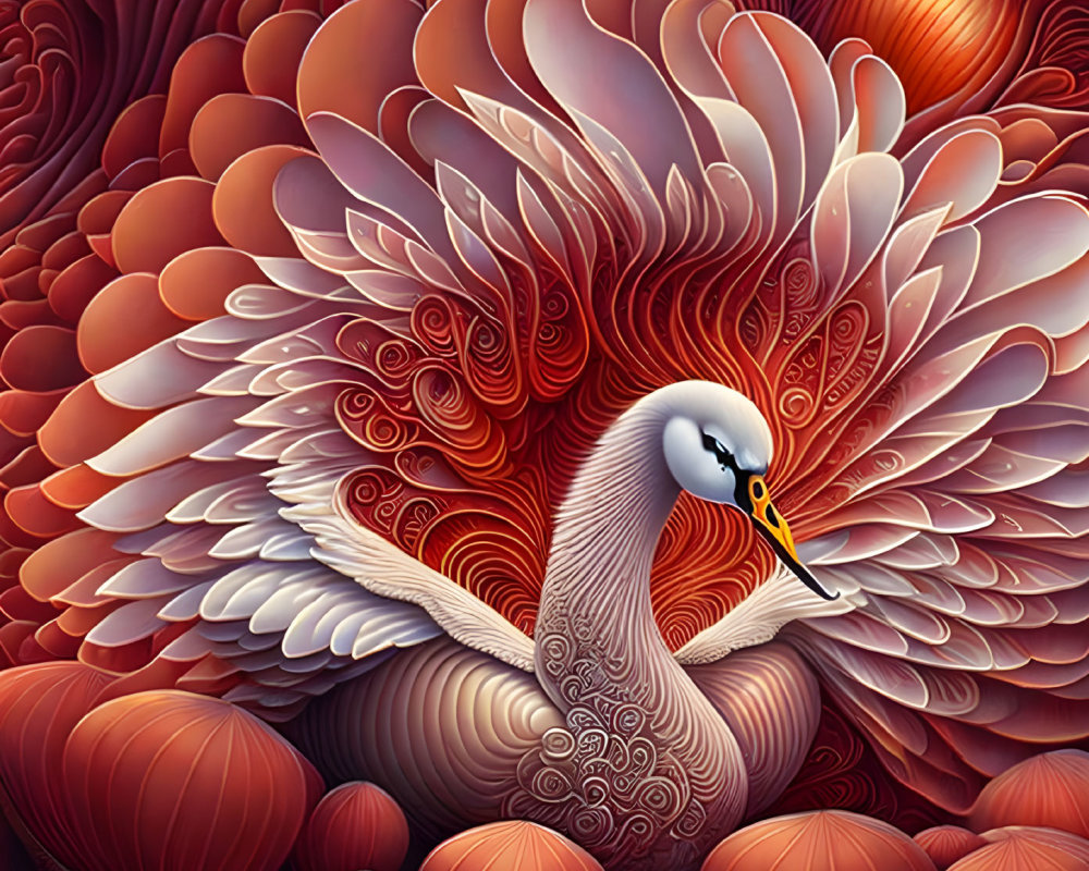 Stylized swan with intricate feather patterns on ornate floral backdrop