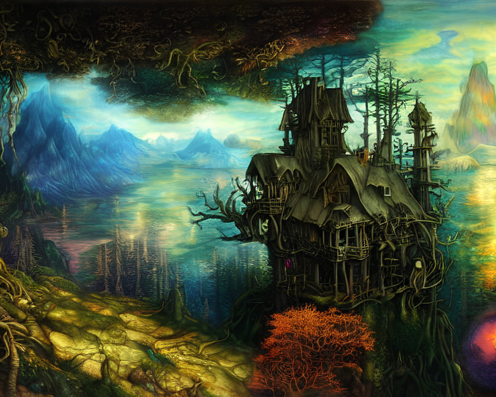 Eerie fantasy landscape with haunted house on cliff, misty valley, mountains, glowing sunset