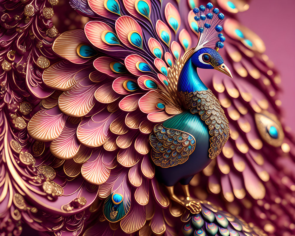 Colorful Digitally-Enhanced Peacock on Purple Background