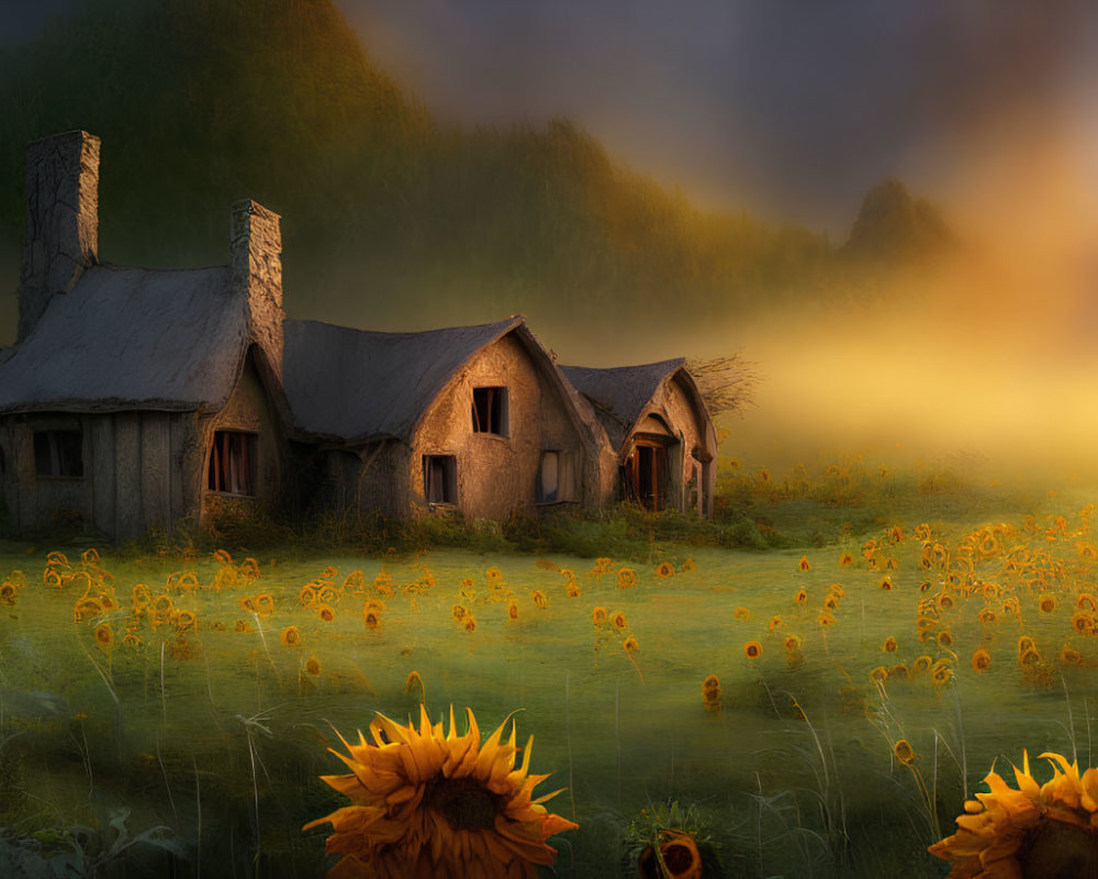 Thatched roof cottages in sunflower field at sunrise