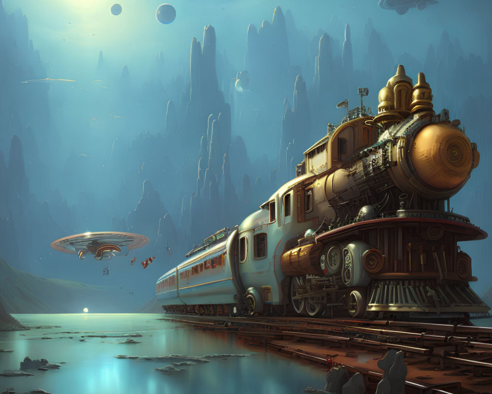 Vintage-style train in surreal landscape with rock formations, water, and flying saucers