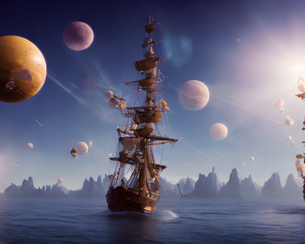 Fantastical planets and moons over serene ocean with sailing ships