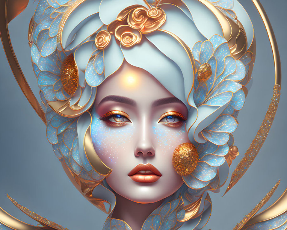 Female figure portrait with gold and blue floral headpiece and accessories.