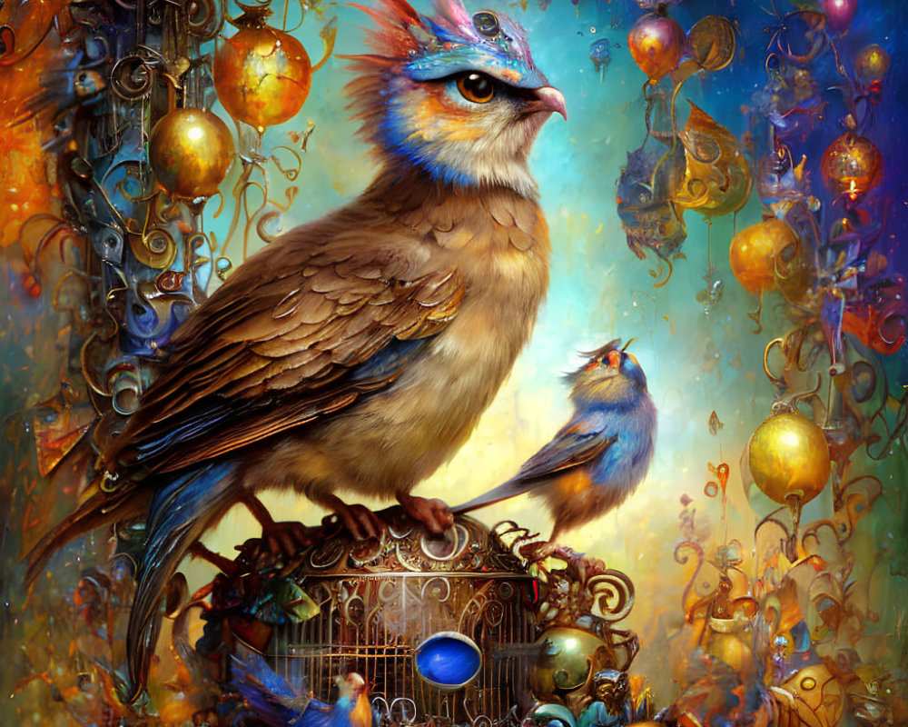 Vibrant painting of large bird on ornate cage with glowing orbs