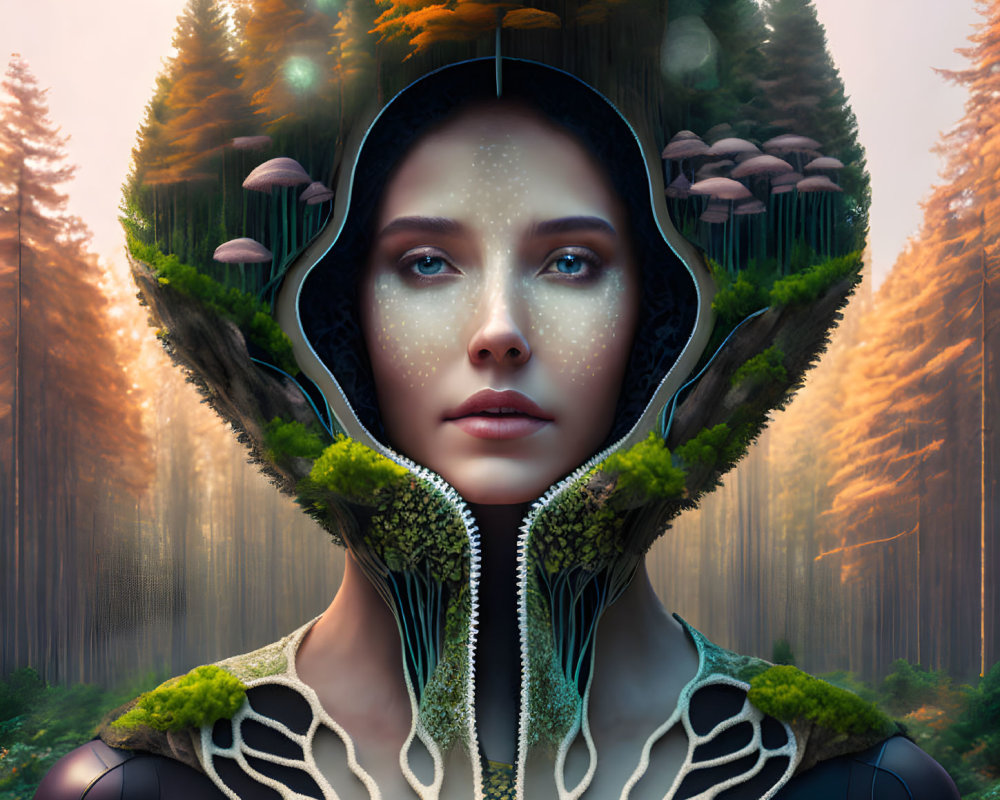 Surreal portrait of woman with cosmic complexion in forest suit