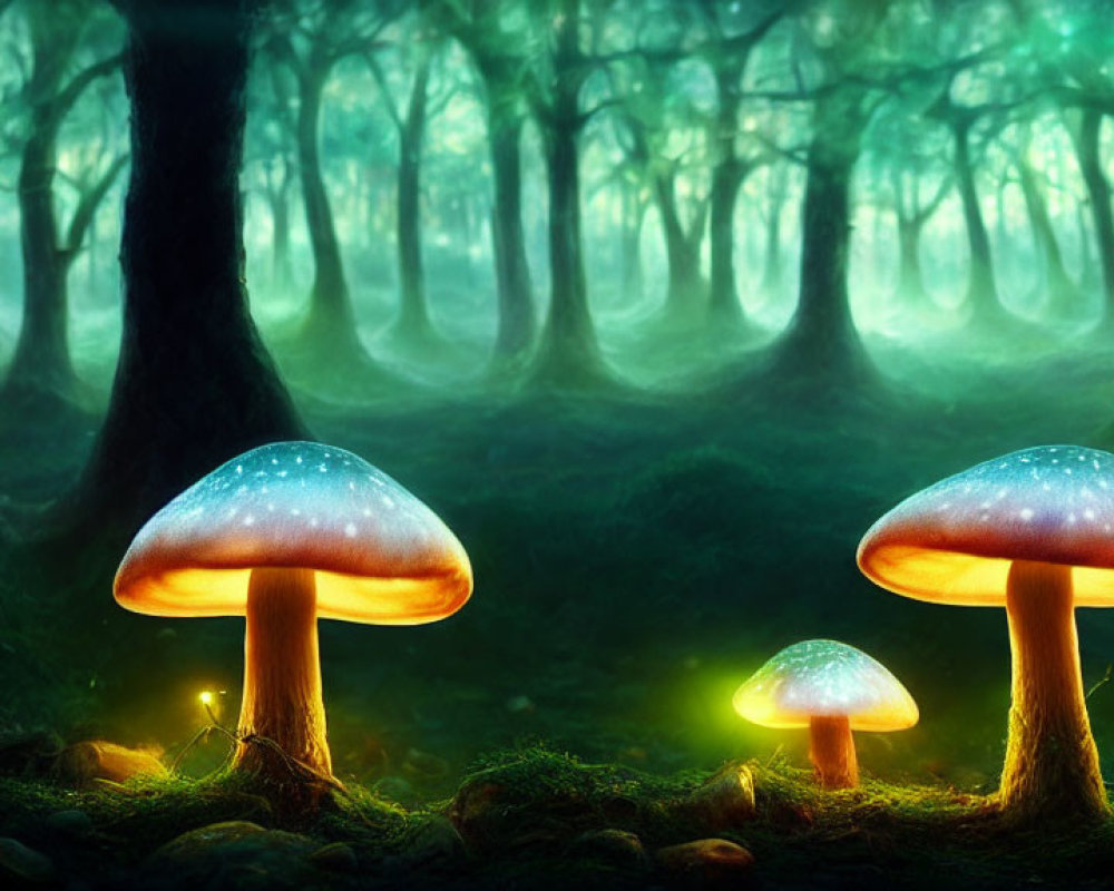 Enchanted forest scene with glowing mushrooms and misty trees