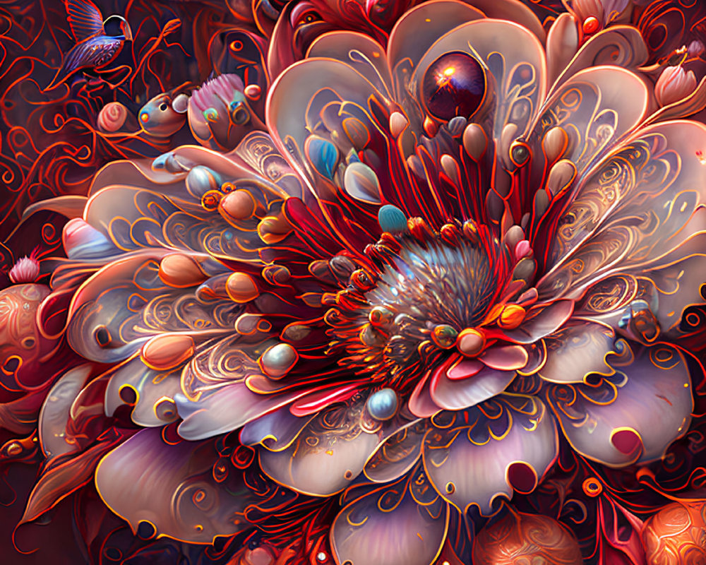 Vibrant oversized flower with red and pink petals, whimsical creatures, and ornate patterns