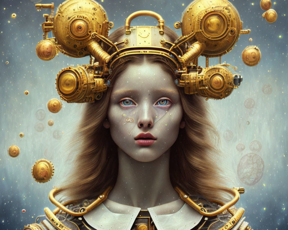 Steampunk-style helmet woman with mechanical details and golden orbs in starry sky