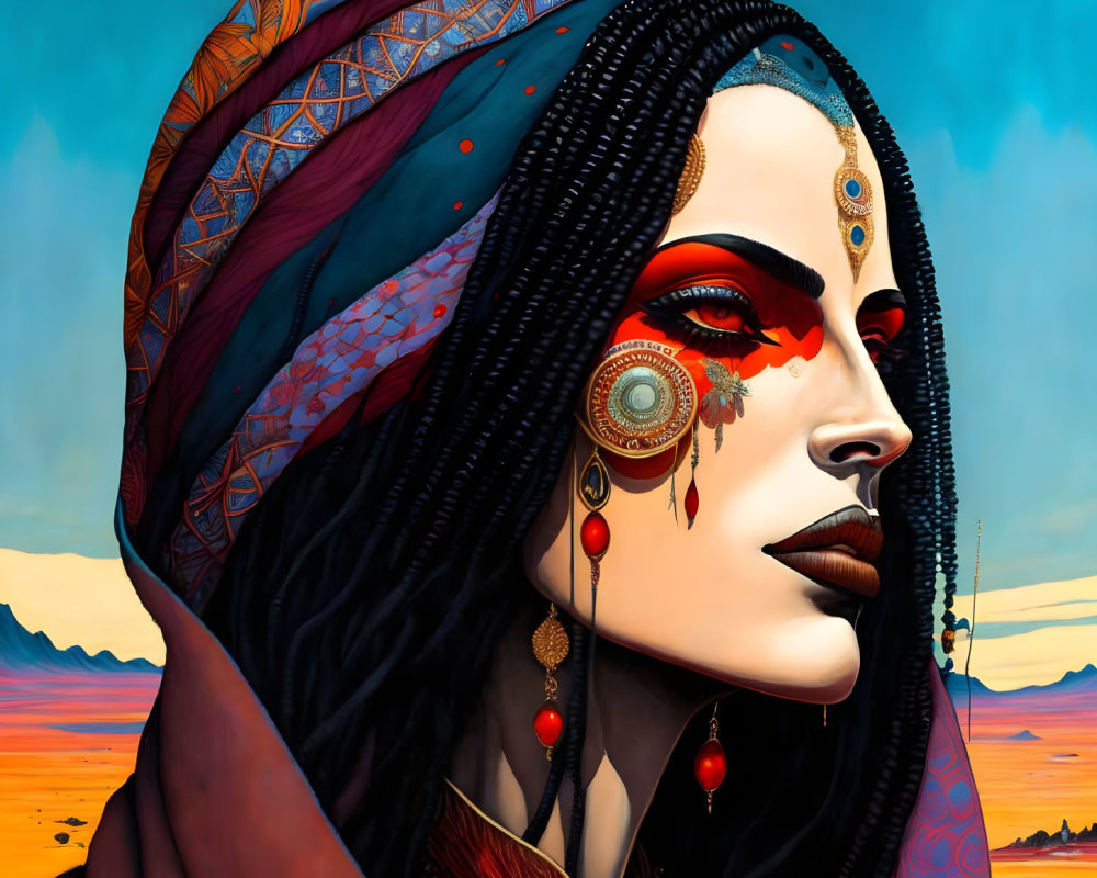 Detailed traditional jewelry and makeup on a woman in a vivid desert setting