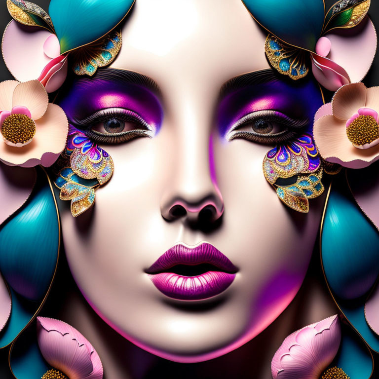 Vibrant Purple Eyeshadow Woman Portrait with Abstract Floral and Gold Accents