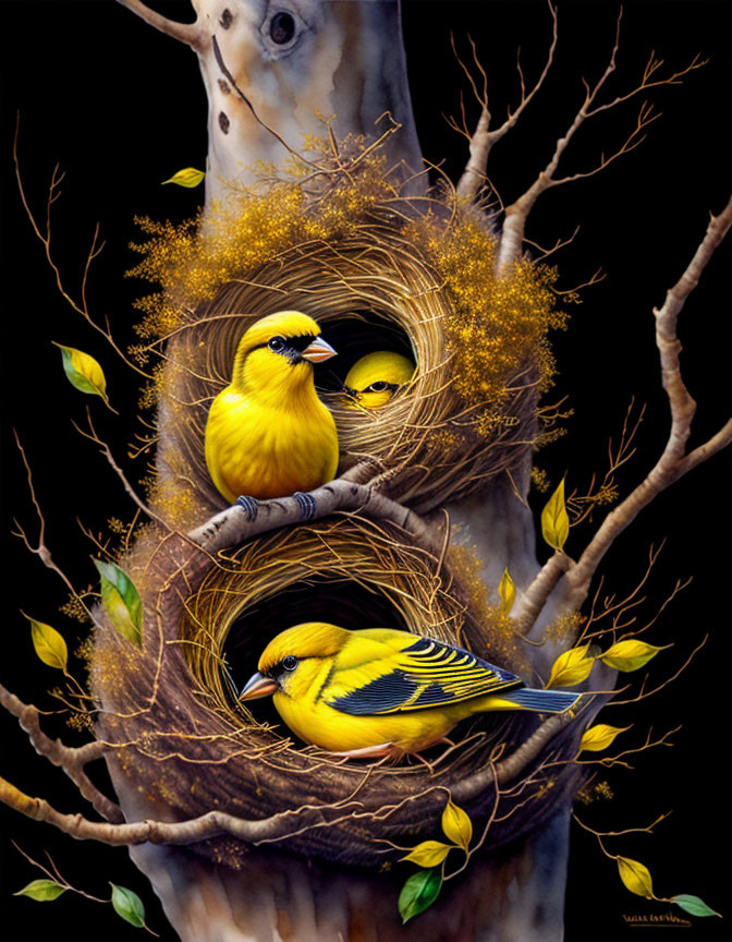 Three Yellow Birds Nesting in Tree Branches on Dark Background