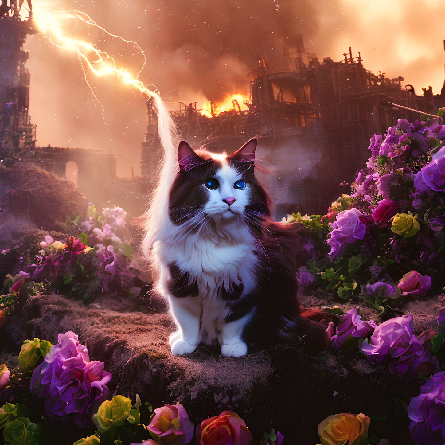 Blue-eyed cat surrounded by vibrant florals against fiery cityscape