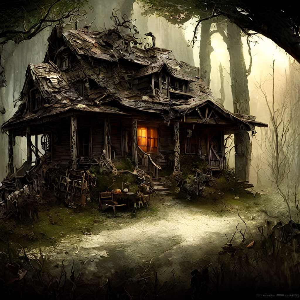 Spooky abandoned wooden house in misty forest clearing