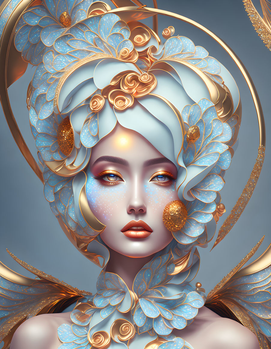 Female figure portrait with gold and blue floral headpiece and accessories.