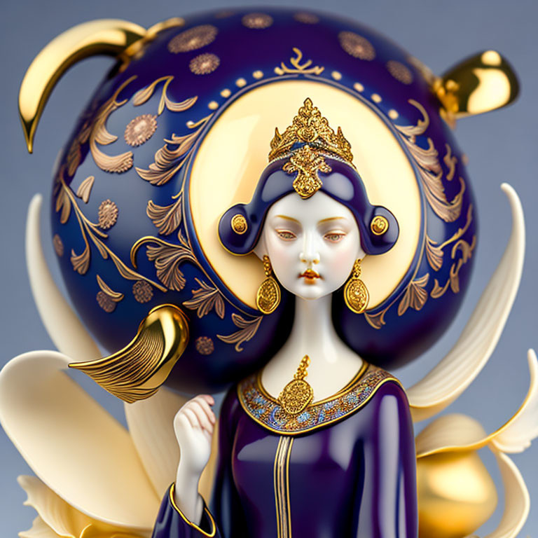 Stylized woman in traditional attire against blue sphere with bird motifs