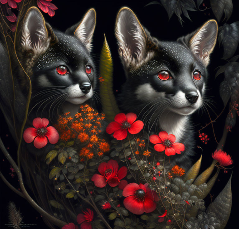 Mystical foxes with sparkling fur and red eyes in dark foliage