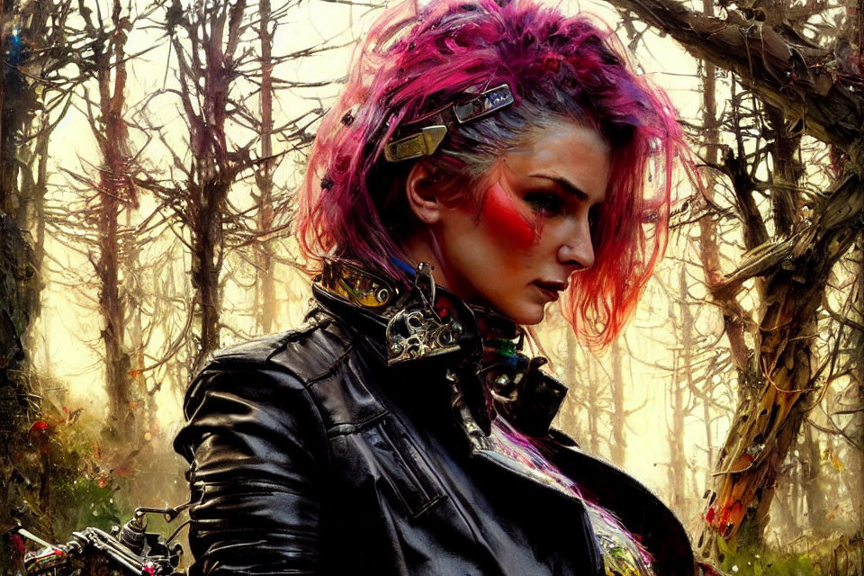 Vibrant pink-haired woman in black jacket in misty forest