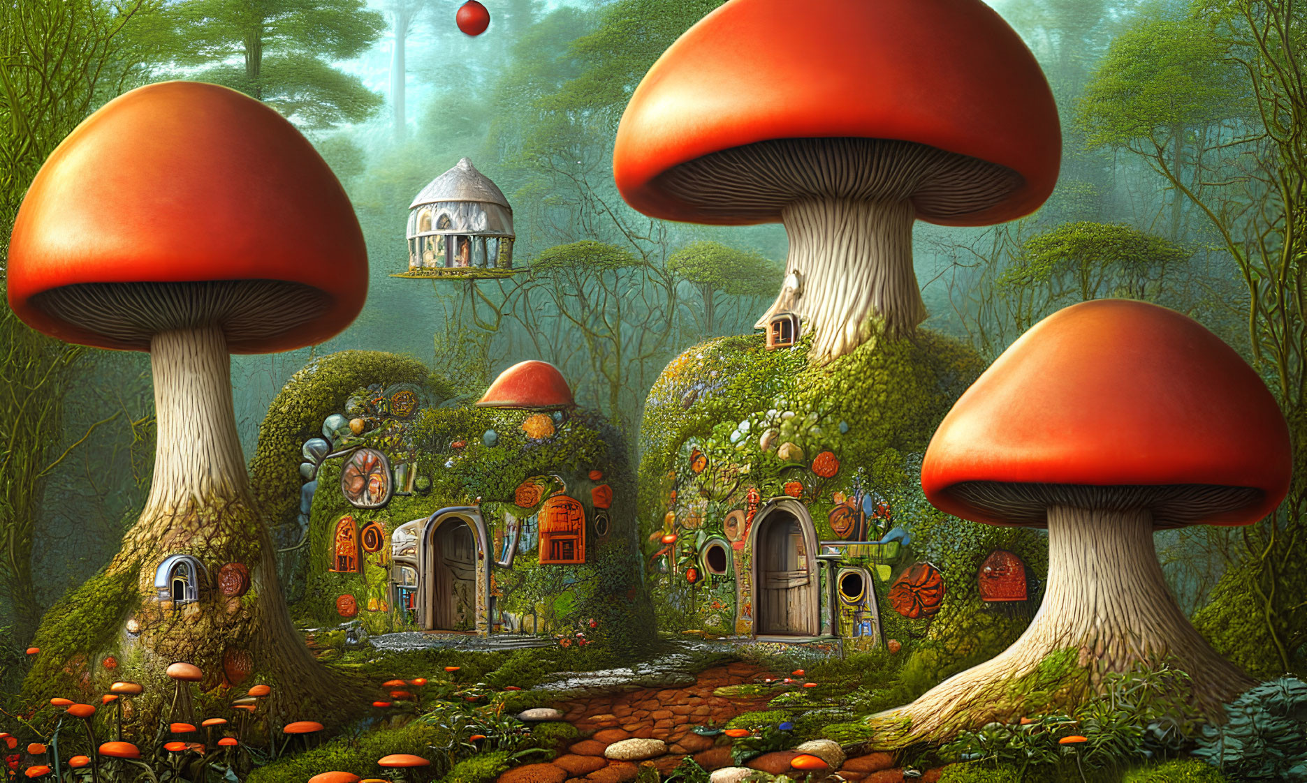 Whimsical forest scene with oversized mushrooms and tiny homes