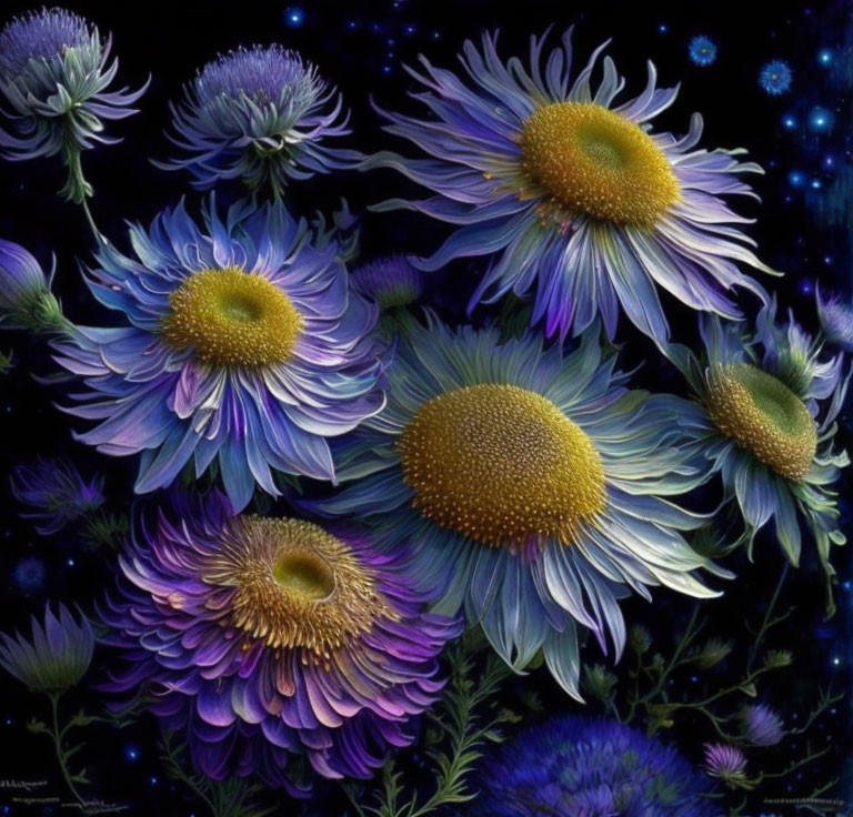 Fantastical sunflowers and daisies in purple and blue on a starry background