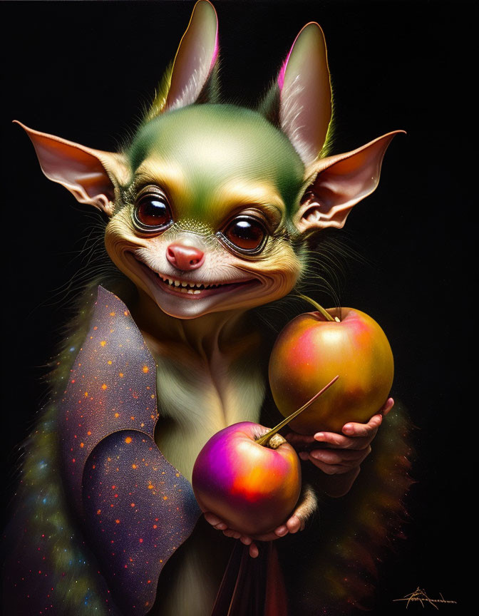 Whimsical creature with large ears holding shiny apples in cosmic robe