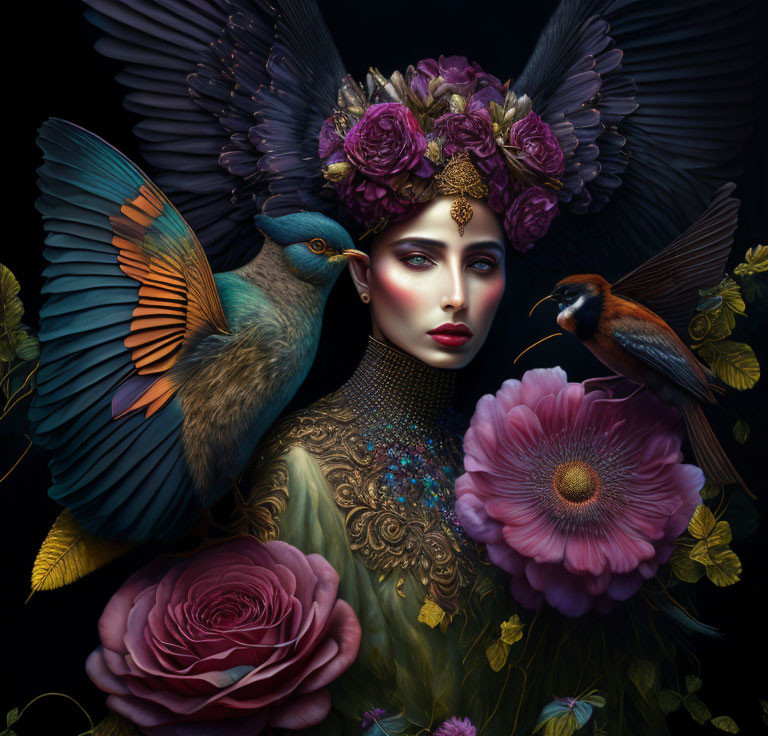 Woman with artful makeup, adorned with flowers and jewelry, surrounded by vibrant birds and floral elements on