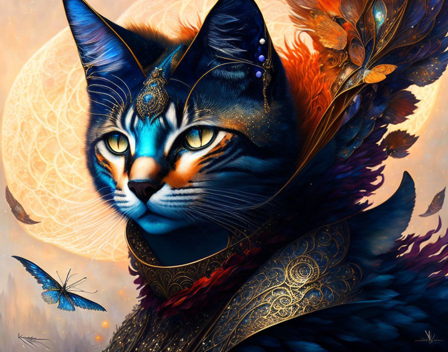 Majestic cat digital artwork with blue eyes and ornate jewelry