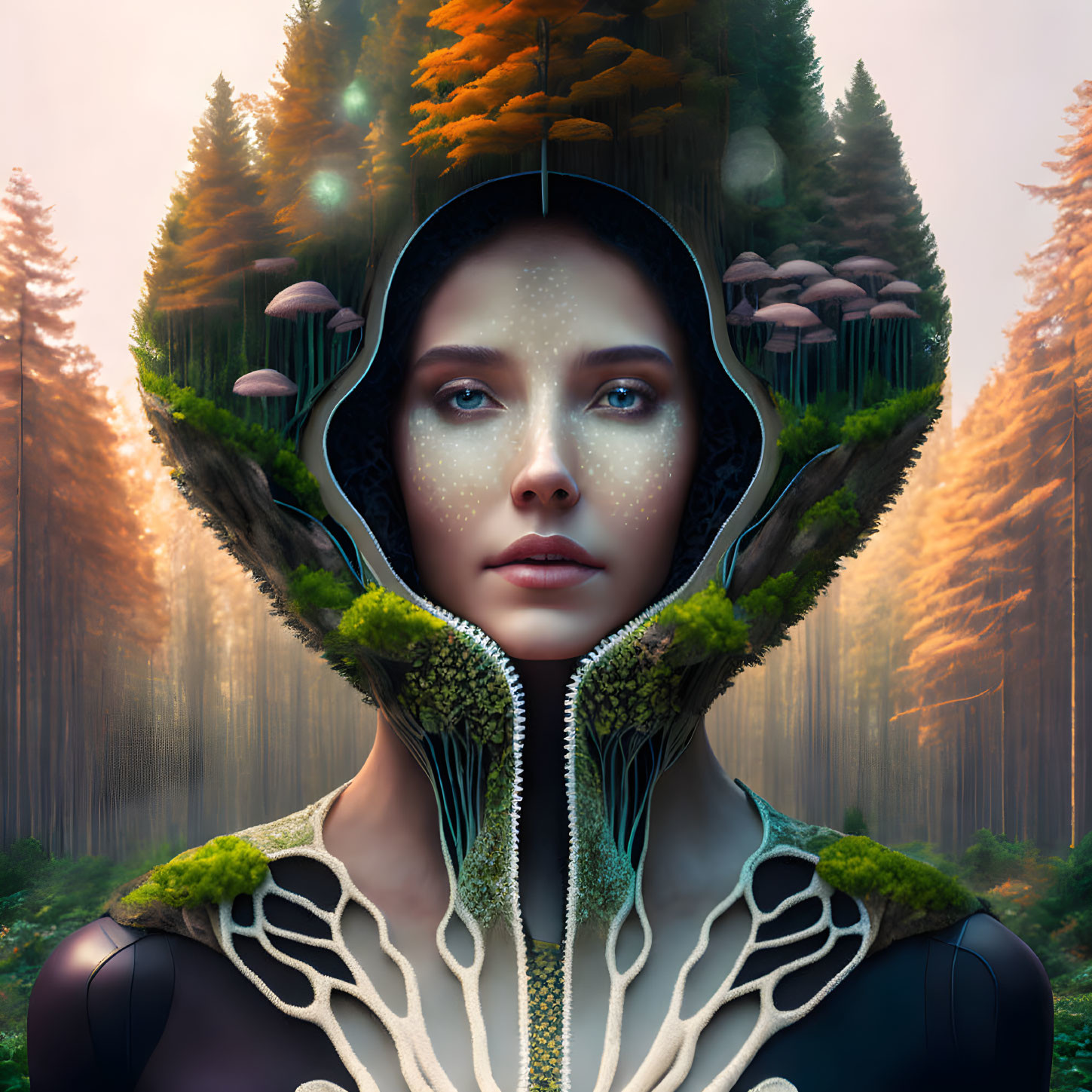 Surreal portrait of woman with cosmic complexion in forest suit