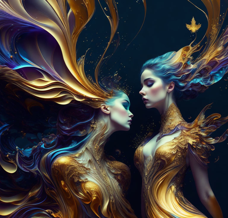 Abstract dark fantasy art: Two women with golden hair in swirling patterns