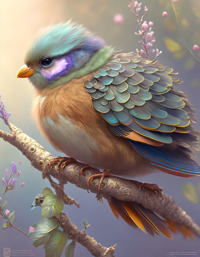 Illustration: Whimsical bird with avian-human features on branch with delicate flowers