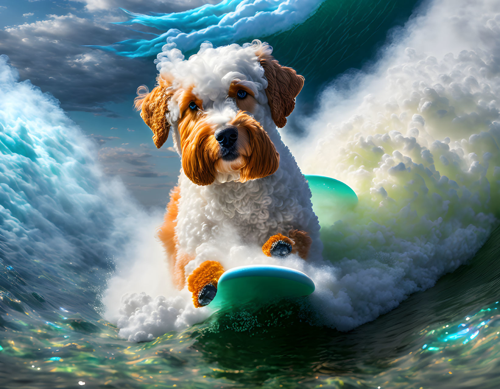 Curly-furred animated dog surfing on bright blue wave.