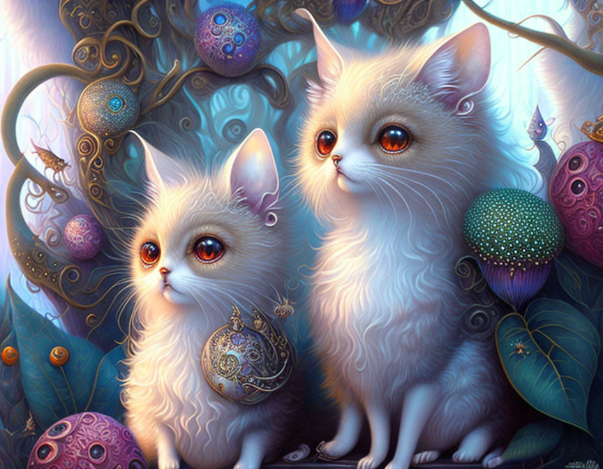 Colorful background with whimsical patterns featuring two fluffy, expressive-eyed cats.