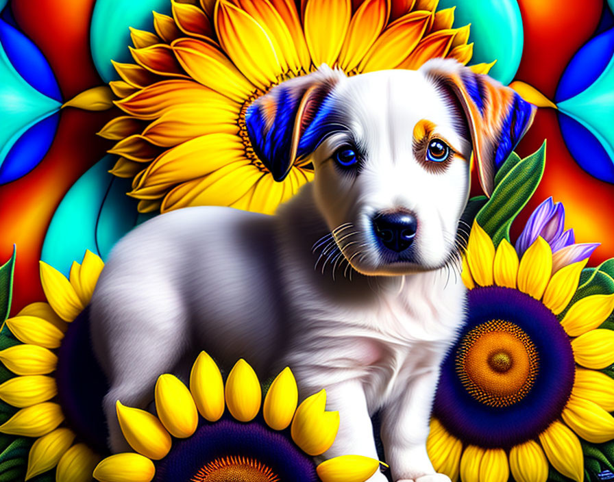 Colorful White Puppy Surrounded by Sunflowers on Blue Background