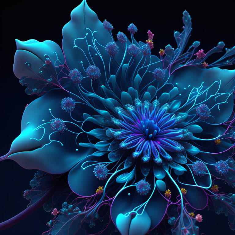 Vivid digital art: Luminous blue floral arrangement on dark background