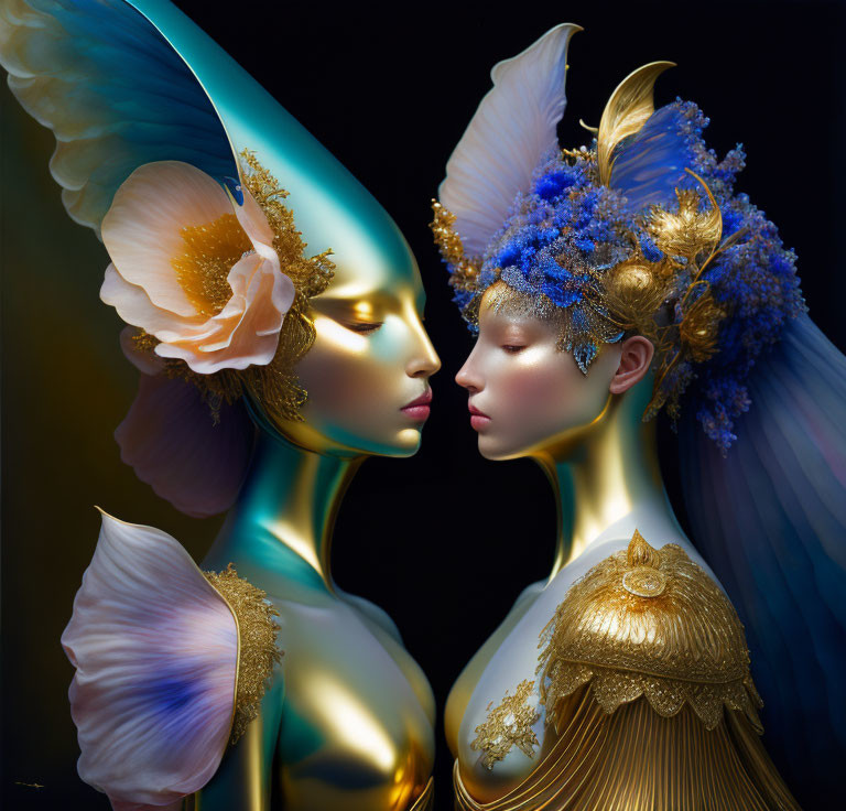 Fantasy figures with ornate headpieces and gold details on dark background