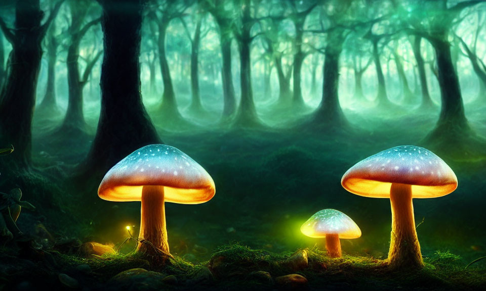 Enchanted forest scene with glowing mushrooms and misty trees