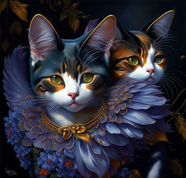 Stylized anthropomorphic cats with ruffled collars and jewelry on floral backdrop