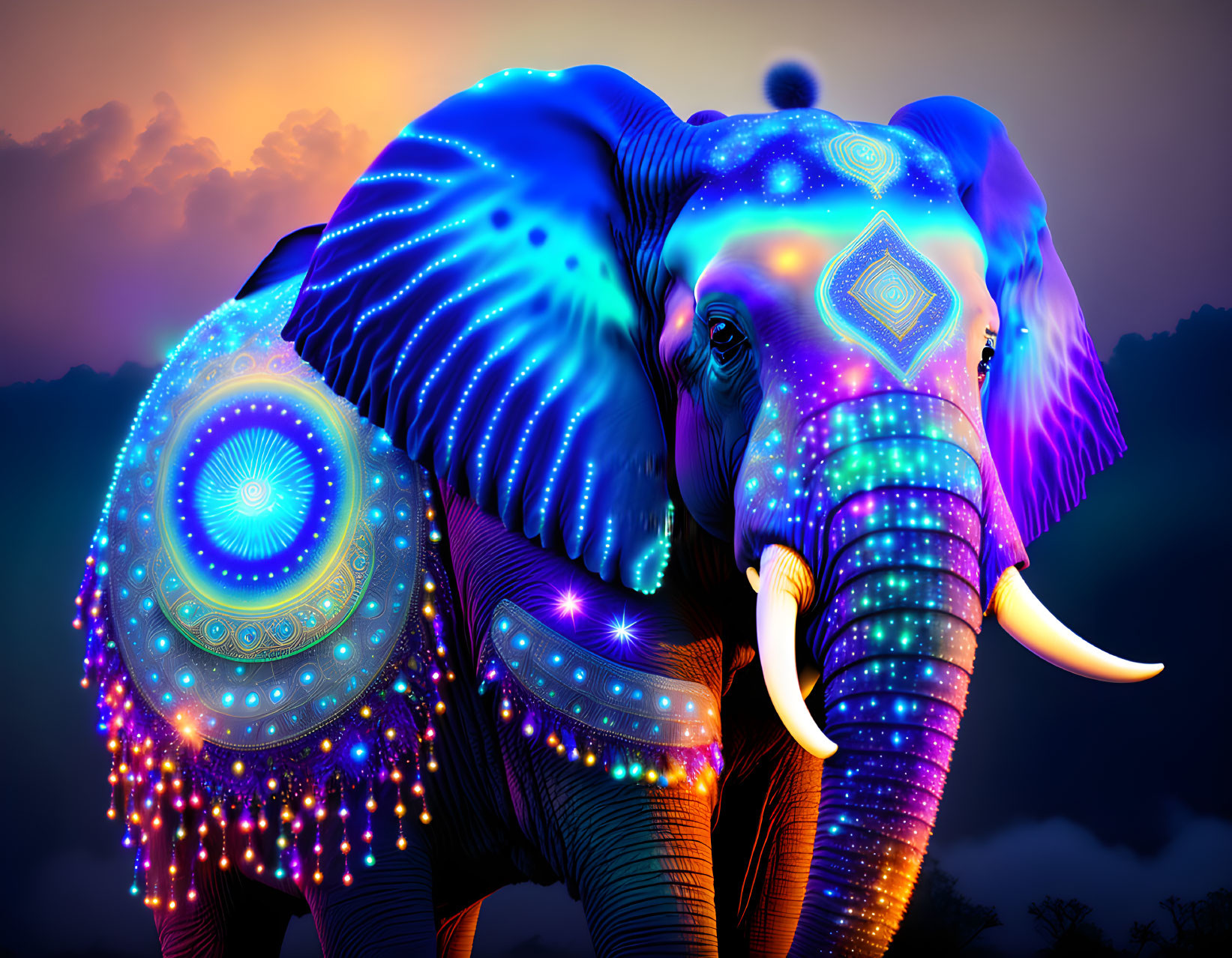 Luminescent blue elephant with glowing patterns on dusk sky