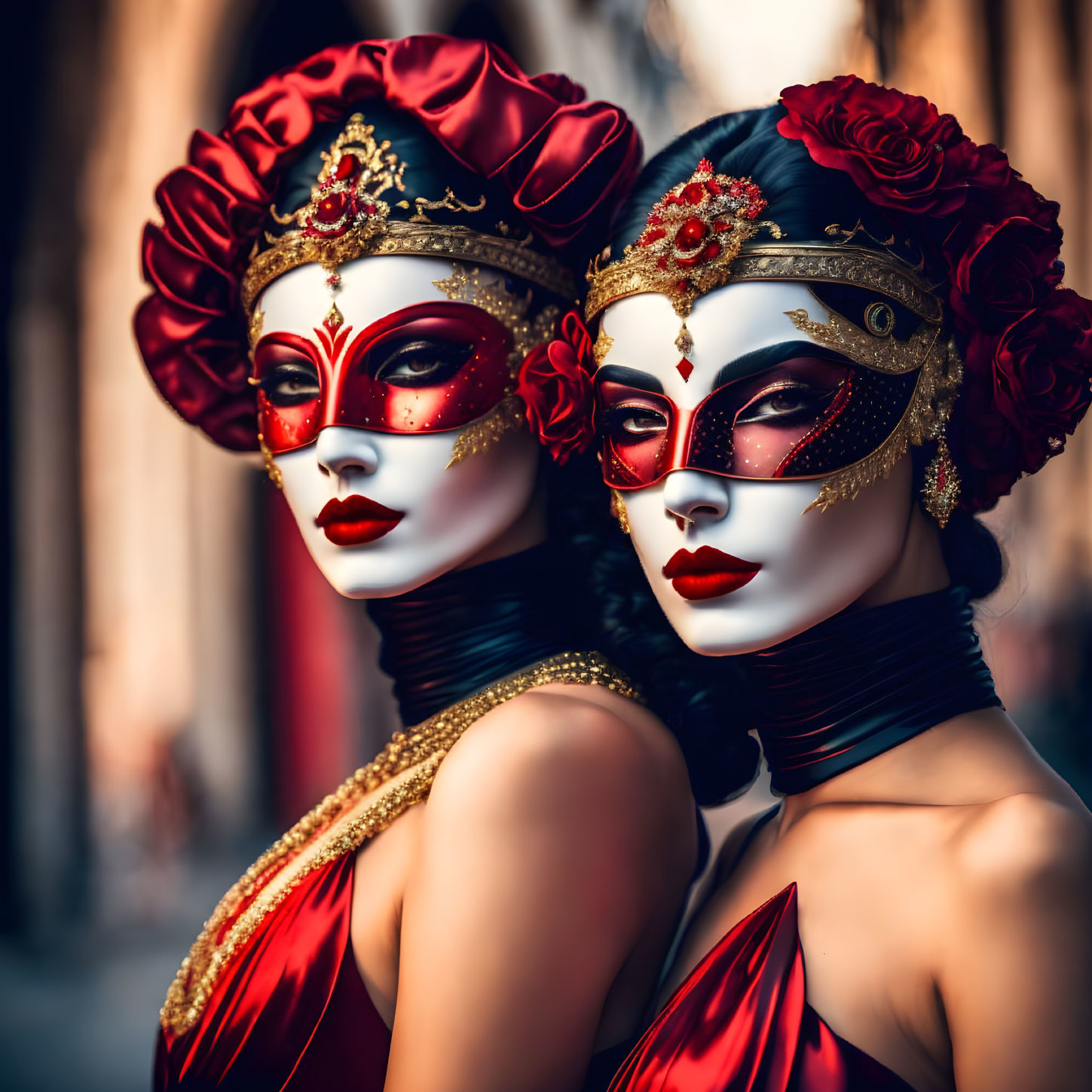 Pair in Red and Gold Venetian Masks and Costumes pose together