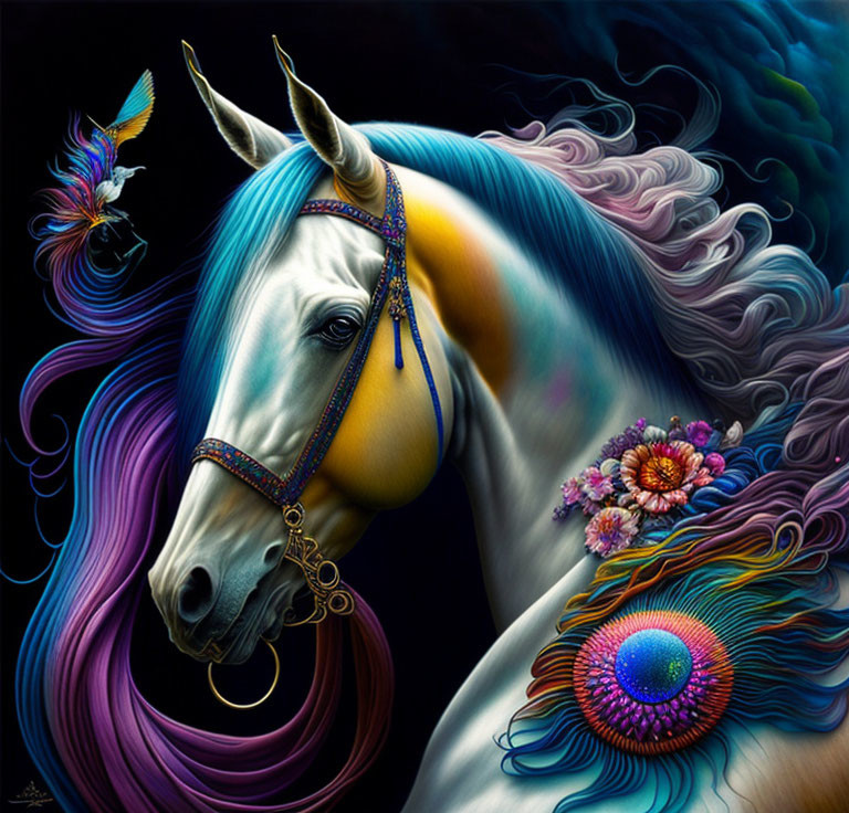 Vibrant unicorn painting with detailed mane and hummingbird