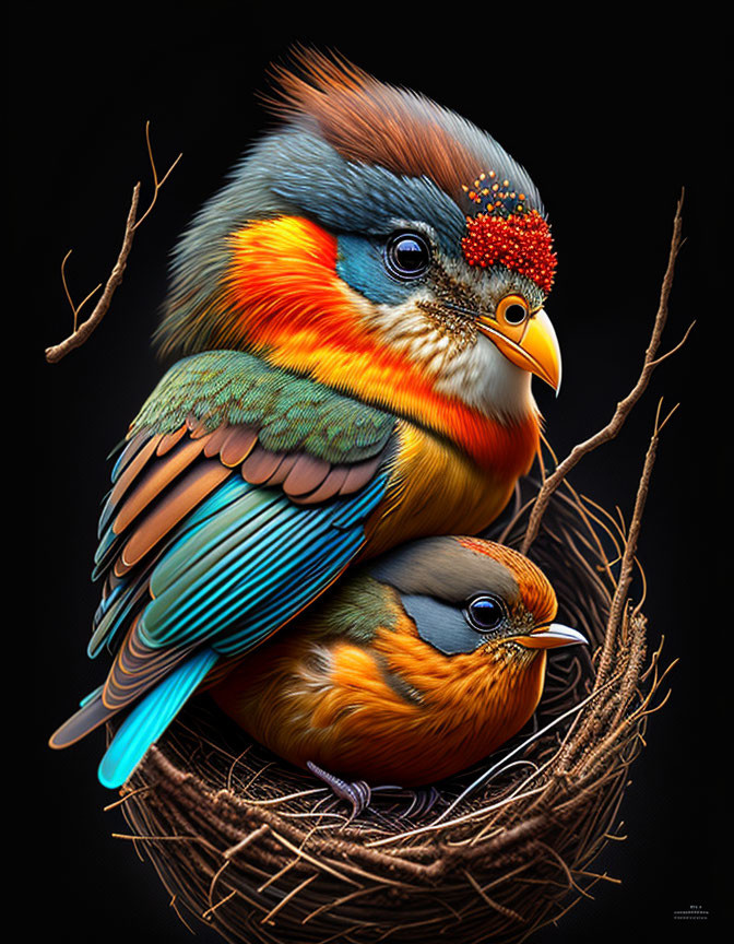 Colorful Birds Nesting Together Among Twigs in Detailed Image